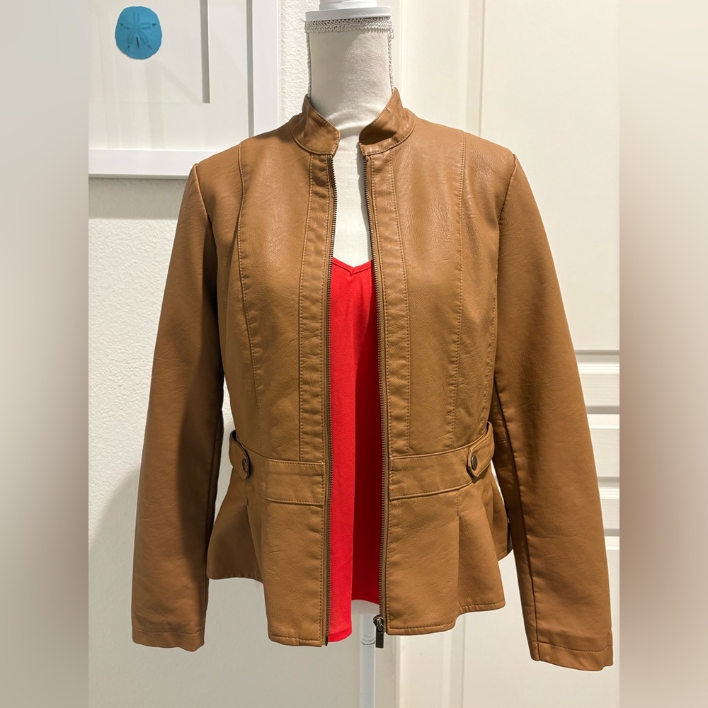 Baccini “Chip Munk” Tan Faux Leather Peplum Zip Jacket